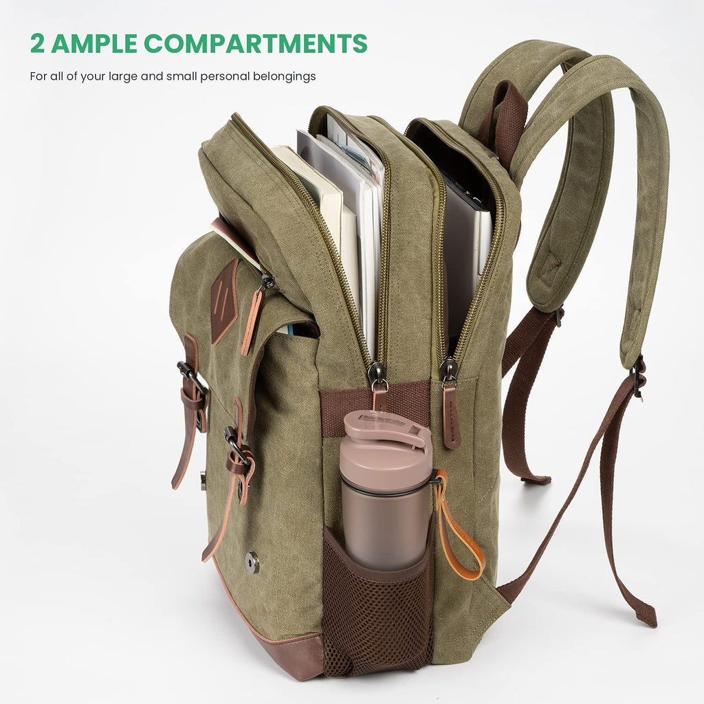 Modoker Eco - Friendly Vintage Backpack for Men Women, Canvas Bookpack Fits Most 15.6 Inches Computer and Tablets, Rucksack Backpack with USB Charging Port, Army Green