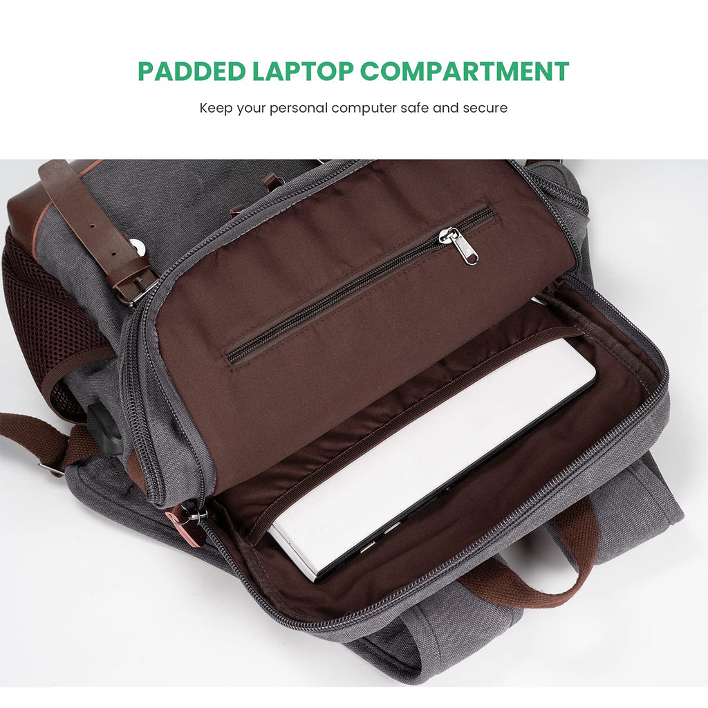 Modoker Eco - Friendly Vintage Backpack for Men Women, Canvas Bookpack Fits Most 15.6 Inches Computer and Tablets, Rucksack Backpack with USB Charging Port, Grey
