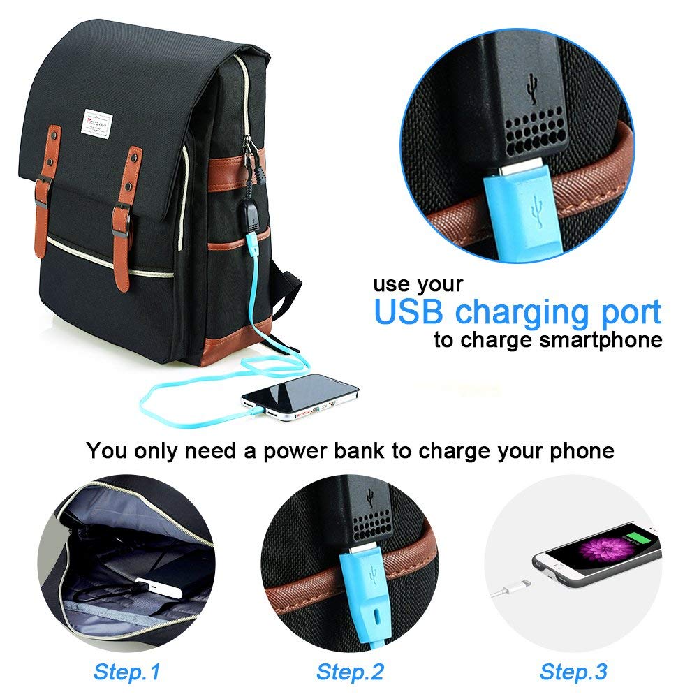 Modoker Eco - Friendly Vintage Laptop Backpack for Women Men,Travel Backpacks with USB Charging Port Fashion Backpack Fits 15.6Inch Notebook, Black