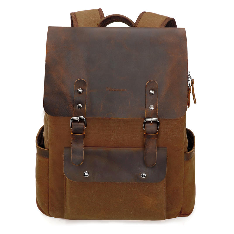 Modoker Waxed Canvas Backpack, Leather Rucksack Knapsack for Men Woman Vintage Travel Laptop Backpack 15.6 Inch Satchel Backpack, Retro Flap Backpacks Canvas Casual Bookbag Brown