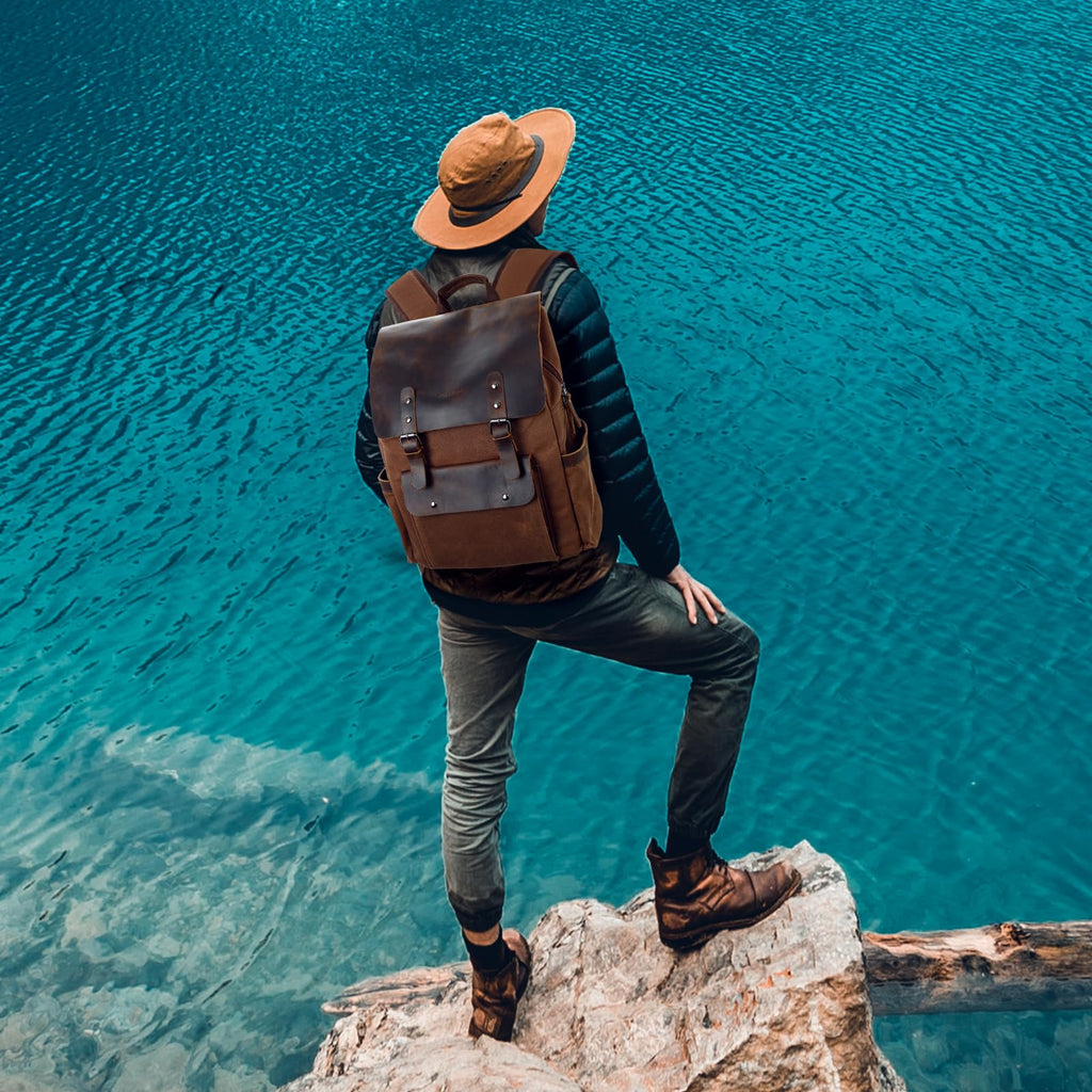 Modoker Waxed Canvas Backpack, Leather Rucksack Knapsack for Men Woman ...