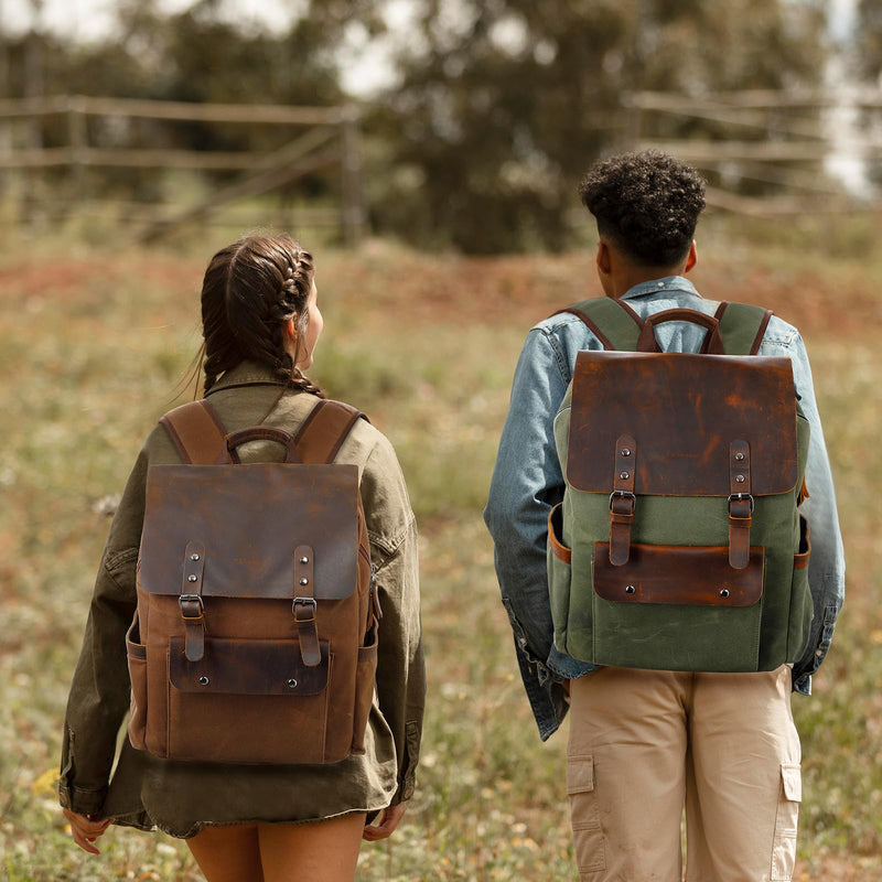 Modoker Waxed Canvas Backpack, Leather Rucksack Knapsack for Men Woman Vintage Travel Laptop Backpack 15.6 Inch Satchel Backpack, Retro Flap Backpacks Canvas Casual Bookbag Brown