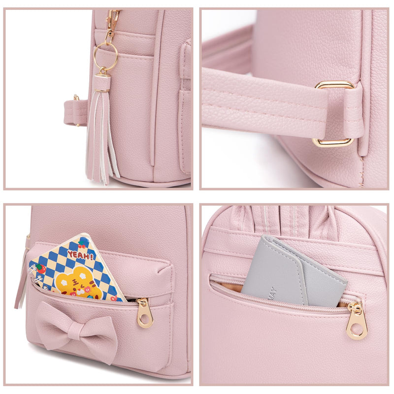 MOKANEY Backpack Purse for Women Girls Kids Mini Backpack for School Lightweight Waterproof PU Leather Bag, Bowknot, Tassel Pendant, Pink