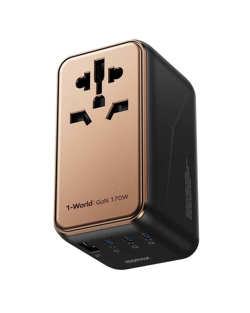 MOMAX Universal Travel Adapter Worldwide 170W GaN, 3 USB - C PD & 1 USB - A QC International Power Adapter for Laptop Fast Charging, European Travel Plug Adapter for UK/US/AUS/JP, Travel Essentials