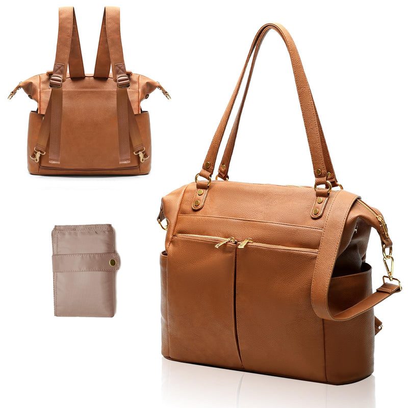 MOMINSIDE Diaper Bag Tote, 4 in 1 Leather Diaper Bag Backpack with 13 Pockets, Convertible Baby Bag for Boys Girls,Diaper Bags Baby Registry, Changing Pad, 4 Large Insulated Pockets(Brown)