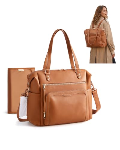 mommore Convertible Diaper Bag, Converts into Diaper Backpack Crossbody Bag, PU Leather Diaper Tote with Waterproof Changing Pad for mom with Insulated Pockets, Light Brown