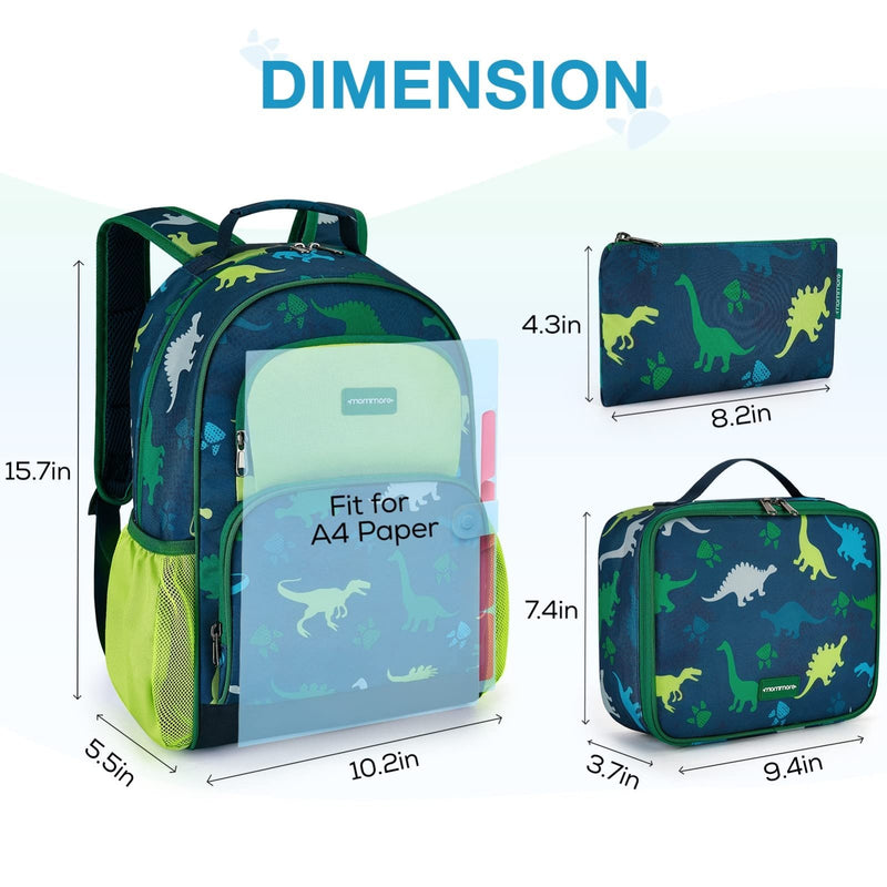mommore Kids Backpack for Boys, Toddler Backpack for Preschool Kindergarten Elementary Lightweight Bookbag for Students with Lunch Box (3PCS, Dinosaur Green)