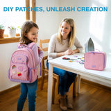 mommore Personalized Backpack for Girls, Custom Kids Backpack with Iron - On Embroidered Patches, Preschool Kindergarten Book Bag with Lunch Box (3 PCS, Pink Purple - Custom)