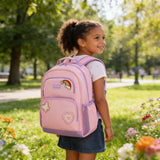 mommore Personalized Backpack for Girls, Custom Kids Backpack with Iron - On Embroidered Patches, Preschool Kindergarten Book Bag with Lunch Box (3 PCS, Pink Purple - Custom)