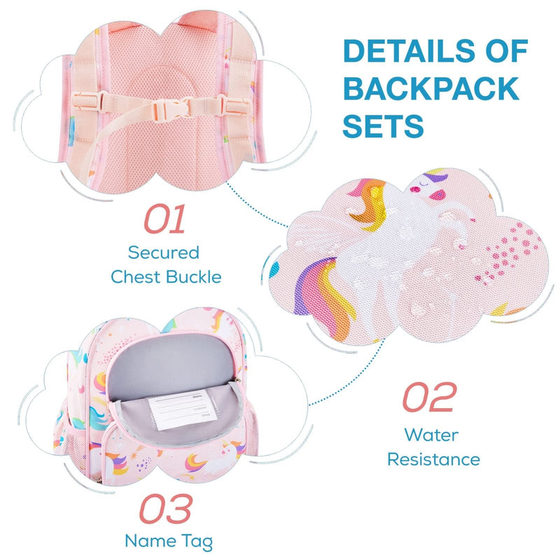 mommore Personalized Backpack for Girls, Custom Kids Backpack with Iron - On Embroidered Patches, Preschool Kindergarten Book Bag with Lunch Box (3 PCS, Pink Purple - Custom)