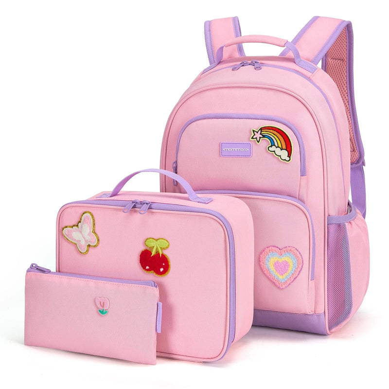 mommore Personalized Backpack for Girls, Custom Kids Backpack with Iron - On Embroidered Patches, Preschool Kindergarten Book Bag with Lunch Box (3 PCS, Pink Purple - Custom)