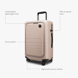 Monos Carry - On Pro Luggage (22"), Hardside Spinner Suitcase with TSA Lock & Front Pocket, Airline Approved, Rose Quartz, Pink