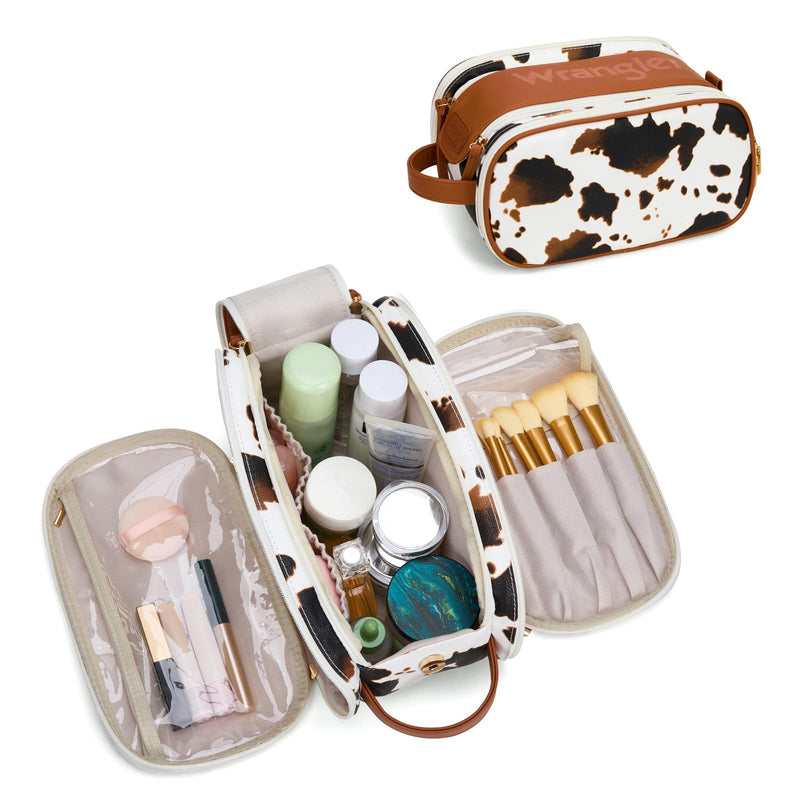 Montana West X Wrangler Large Makeup Bag Travel Toiletry Bag Portable Cosmetic Bag Make Up Organizer with Divider and Handle for Women Cowprint