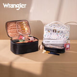Montana West X Wrangler Travel Makeup Bag 2pcs Set Large Cosmetic Bag with Makeup Brush Holder Portable Make Up Organizer Cute Toiletry Bag with Divider and Handle for Women Black