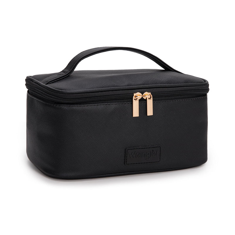 Montana West X Wrangler Travel Makeup Bag 2pcs Set Large Cosmetic Bag with Makeup Brush Holder Portable Make Up Organizer Cute Toiletry Bag with Divider and Handle for Women Black