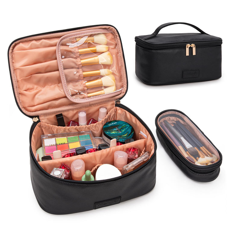 Montana West X Wrangler Travel Makeup Bag 2pcs Set Large Cosmetic Bag with Makeup Brush Holder Portable Make Up Organizer Cute Toiletry Bag with Divider and Handle for Women Black