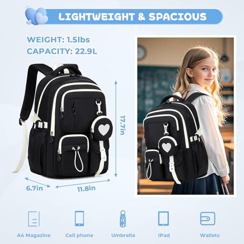 MOONBABY Girls Backpack, Kids Backpack for Girls, School Bag for Primary Elementary Teenage, Middle Students Bookbag, Kawaii School Backpacks for Girl Ages 8-12, Black
