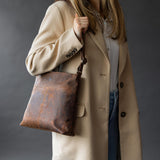 Moonster Women's Genuine Full Grain Leather Handbag - Medium with 3 Zips, 2 Pockets Without Flap - Internal Key Strap - Dark Brown