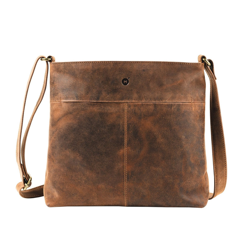 Moonster Women's Genuine Full Grain Leather Handbag - Medium with 3 Zips, 2 Pockets Without Flap - Internal Key Strap - Dark Brown