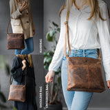 Moonster Women's Genuine Full Grain Leather Handbag - Medium with 3 Zips, 2 Pockets Without Flap - Internal Key Strap - Dark Brown