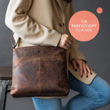 Moonster Women's Genuine Full Grain Leather Handbag - Medium with 3 Zips, 2 Pockets Without Flap - Internal Key Strap - Dark Brown