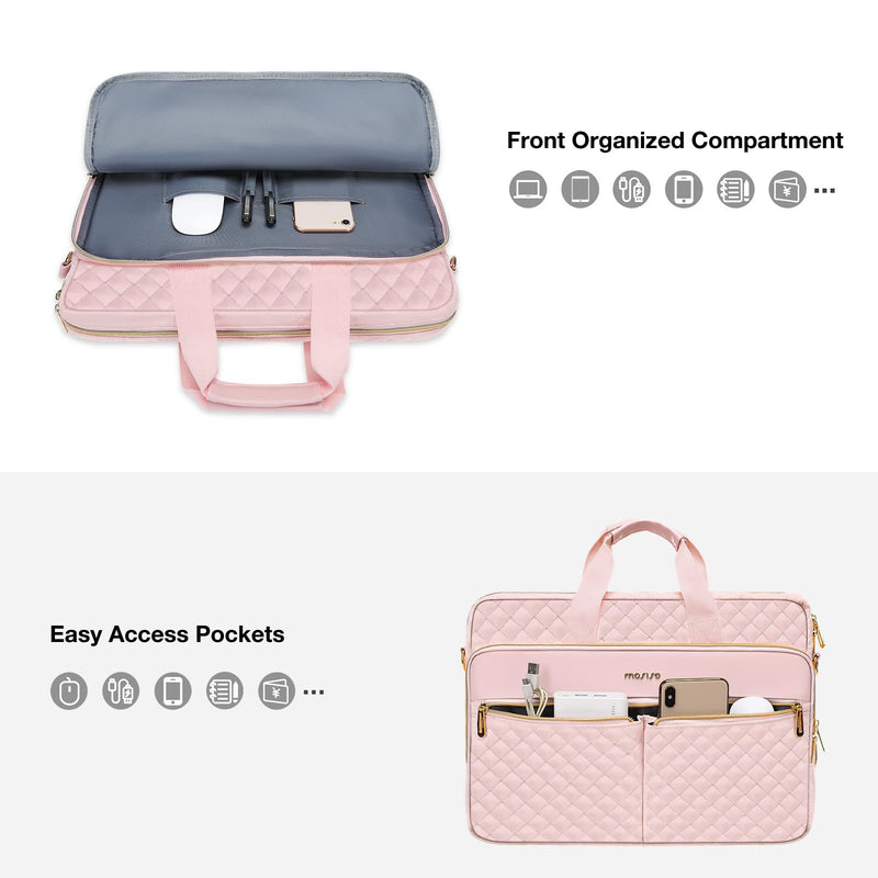 MOSISO 15 - 15.6 inch Laptop Bag, Briefcase for Women&Men, 16 inch Square Quilted Computer Messenger Bag Office Travel Business with 3 Pockets&Strap, Pink