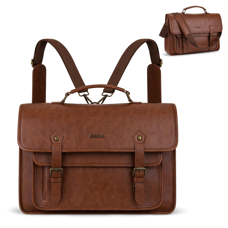 MOSISO 3 in 1 Laptop Bag, 15.6 inch PU Leather Shoulder Bag Briefcase Messenger Satchel Laptop Backpack, 15 - 16 inch Computer Bags Handbag Bookbag, Brown
