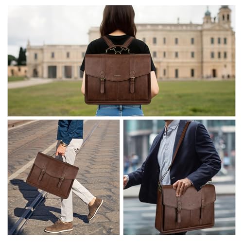 MOSISO 3 in 1 Laptop Bag Laptop Backpack, 15.6 inch Vintage PU Leather Briefcase Messenger Bags with Laptop Compartment, 15-16 inch Laptop Shoulder Bag Casual Handbag for College Work Business, Brown