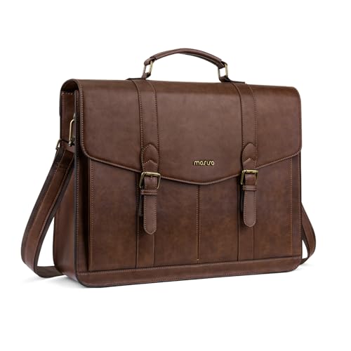 MOSISO 3 in 1 Laptop Bag Laptop Backpack, 15.6 inch Vintage PU Leather Briefcase Messenger Bags with Laptop Compartment, 15-16 inch Laptop Shoulder Bag Casual Handbag for College Work Business, Brown