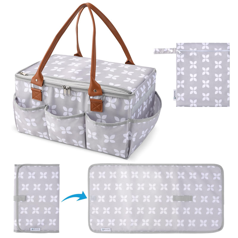 Moteph Diaper Caddy Organizer - Baby Caddy with Lid & Changing Mat, Car Diaper Caddy, Large Nursery Storage Diaper Tote Basket for Changing Table with Zip - Top Cover, Great for Baby Showers - Grey