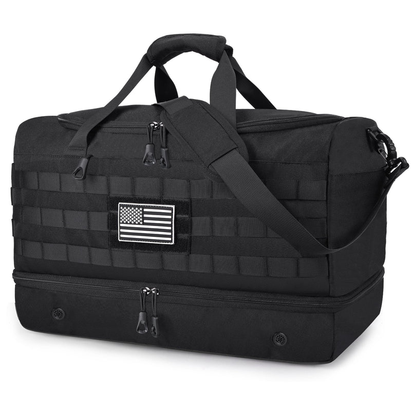 MOZETO Black Duffle Bag for Men, 45L Carry On 22x14x9 Travel Duffle with Shoe Compartment Tactical Inspired Heavy Duty GYM Overnight Bag Wet - Dry Separated Compartment