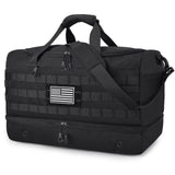 MOZETO Black Duffle Bag for Men, 45L Carry On 22x14x9 Travel Duffle with Shoe Compartment Tactical Inspired Heavy Duty GYM Overnight Bag Wet - Dry Separated Compartment