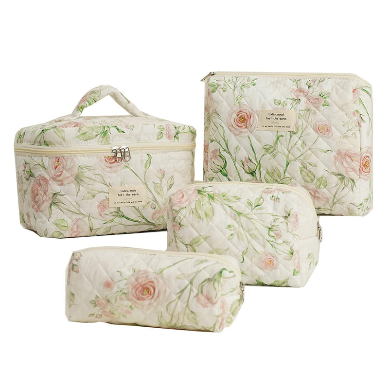 MSGHER Floral Quilted 4 - Piece Makeup Bag Set Large Capacity Cosmetic Organizer Handbag Travel Pouch & Storage Bags for Women (Beige)
