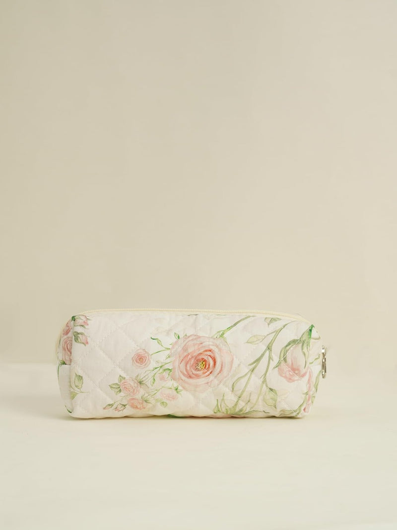 MSGHER Floral Quilted 4 - Piece Makeup Bag Set Large Capacity Cosmetic Organizer Handbag Travel Pouch & Storage Bags for Women (Beige)