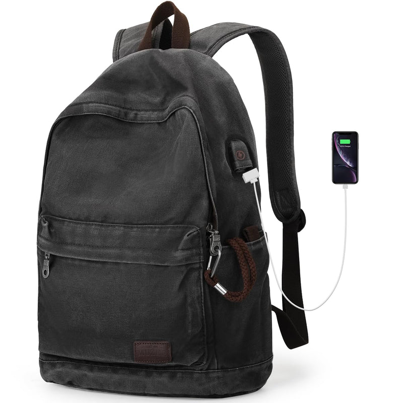 Muzze Canvas Backpack for Women and Men, Lightweight Classic Laptop Backpack with USB Charging Port for School, Travel and Daily Use, Black