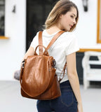 myfriday Vintage Faux Leather Backpack for Women, Soft Rucksack Backpack with Anti - Theft Pocket Convertible Shoulder Handbag (Brown)