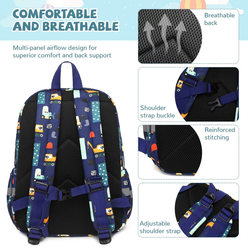 mygreen Toddler Backpack, Car Colorful Preschool Bag with Chest Strap, Kindergarten Schoolbag for Kids, Boys, and Girls (Truck Blue)