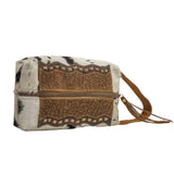 Myra Bag Seid Cowhide Purse - Brown and Ivory With Tooled Leather and Stitch Design, Makeup Kit and Handbag, Western Cowgirl Purse for Women
