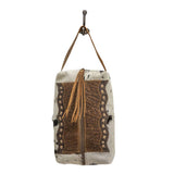 Myra Bag Seid Cowhide Purse - Brown and Ivory With Tooled Leather and Stitch Design, Makeup Kit and Handbag, Western Cowgirl Purse for Women