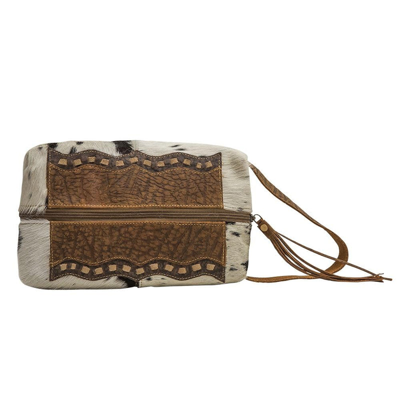 Myra Bag Seid Cowhide Purse - Brown and Ivory With Tooled Leather and Stitch Design, Makeup Kit and Handbag, Western Cowgirl Purse for Women