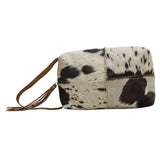 Myra Bag Seid Cowhide Purse - Brown and Ivory With Tooled Leather and Stitch Design, Makeup Kit and Handbag, Western Cowgirl Purse for Women