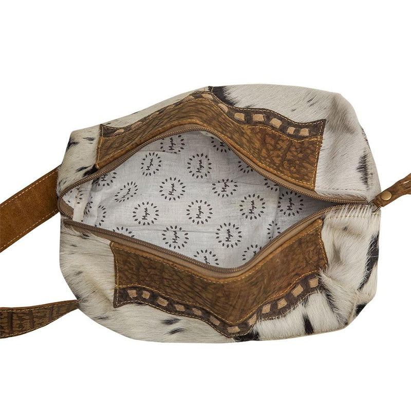 Myra Bag Seid Cowhide Purse - Brown and Ivory With Tooled Leather and Stitch Design, Makeup Kit and Handbag, Western Cowgirl Purse for Women