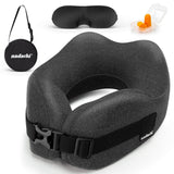 nadachi Neck Pillow Airplane Travel Set - Pure Memory Foam Travel Neck Pillow, Plane Pillow for Long Flights Essentials, Sleeping with 3D Contoured Eye Mask, Earplugs, Portable Bag (Darkgray-M)