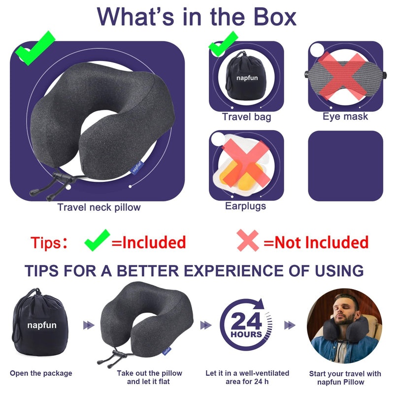 napfun Neck Pillow for Traveling, Upgraded Travel Neck Pillow for Airplane 100% Pure Memory Foam Travel Pillow for Flight Headrest Sleep, Portable Plane Accessories, Full Black