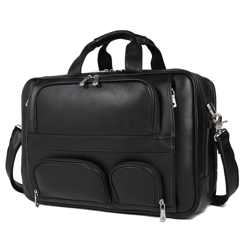 Nappa Leather Briefcase for Men Large Business Travel Messenger Tote Bag 17'' Laptop Bag with YKK Zippers (Black)