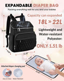 NatuFuse Baby Diaper Bag Backpack, Expandable Baby Bag for Girl Boy, Travel Diaper Backpack with Insulated Pocket, Changing Pad, Quilted Diaper Bag for Mom Dad, Newborn Baby Essentials Must Have Black