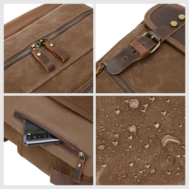 NEHOR Waxed Canvas Vintage Backpack Casual Genuine Leather Laptop Travel Rucksack for Men Women