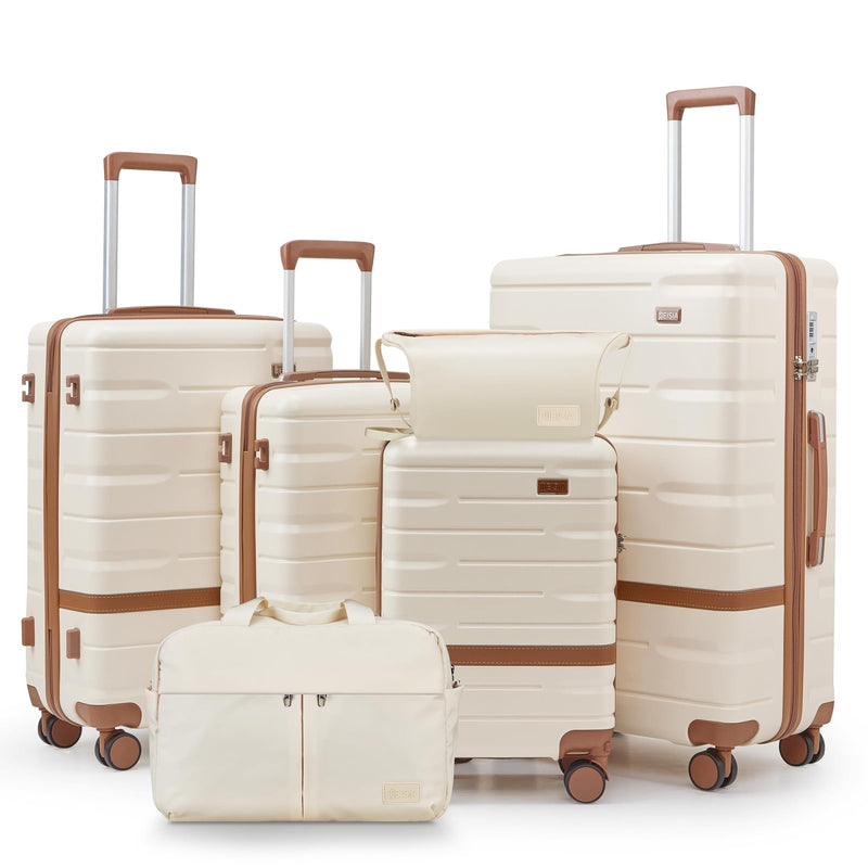 NEISIA Luggage Sets Lightweight Hard Shell Suitcases with Spinner Wheels for Family Travel - Durable PC+ABS Material Carry On Luggage YKK Zippers (Beige, 6 Piece Sets (18/20/24/28/DB/TB))