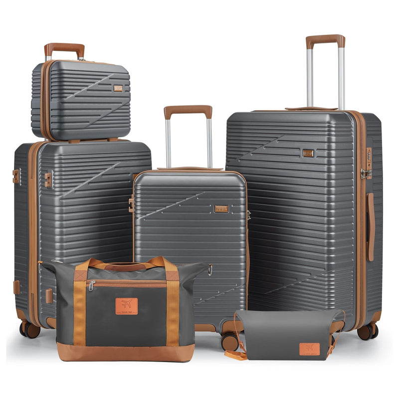 NEISIA Luggage Sets,PC+ABS Hard Shell Carry on Suitcase with Spinner Wheels and TSA Lock, Travel Lightweight Luggage Set with Spinner Wheels (Gray, 6 piece sets （14/20/24/28/DB/TB)