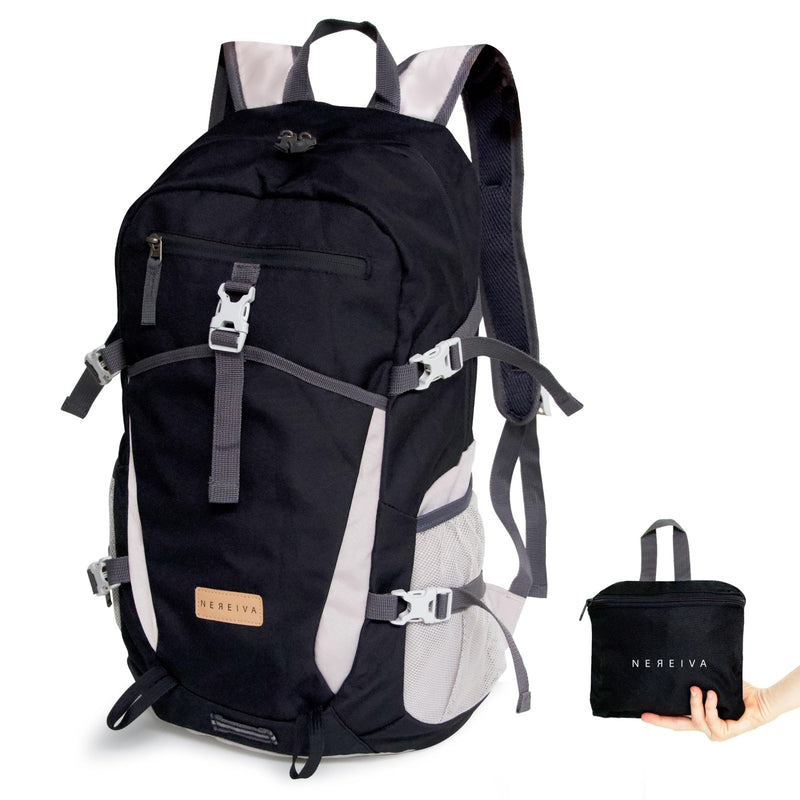 Nereiva Foldable Backpack with Rain Cover - Multiple Pockets - Waterproof Lightweight Packable Backpack for Travel Camping, 35L Hiking Foldable Daypack for Men Women Black